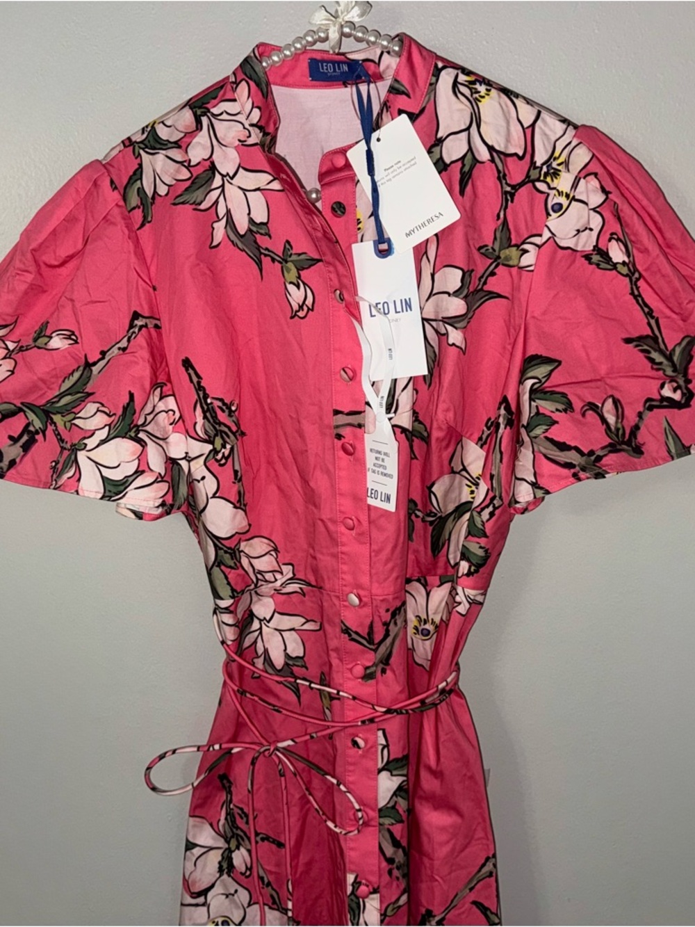 LEO LIN BIANCA SHORT SLEEVE MIDI DRESS IN PINK MAGNOLIA PRINT - Picture 4 of 17